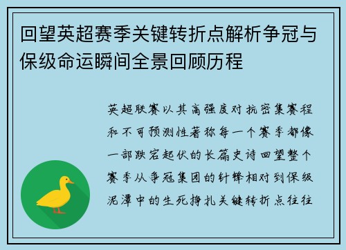 回望英超赛季关键转折点解析争冠与保级命运瞬间全景回顾历程